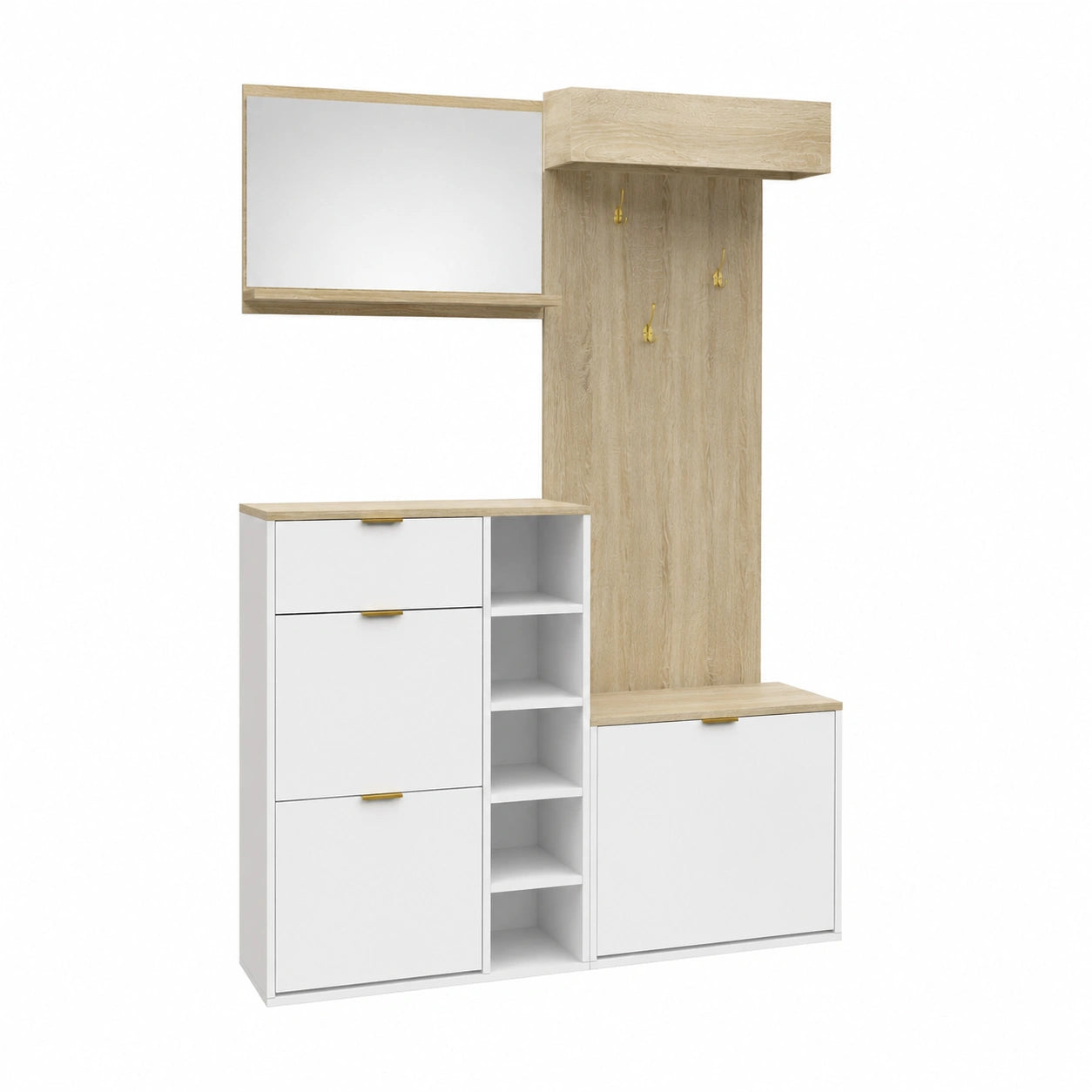 Garderobenset – 4-teilig, 130 × 30 × 174 cm, moderner Stil, mit Ablagen, Naturfarben, für Flur