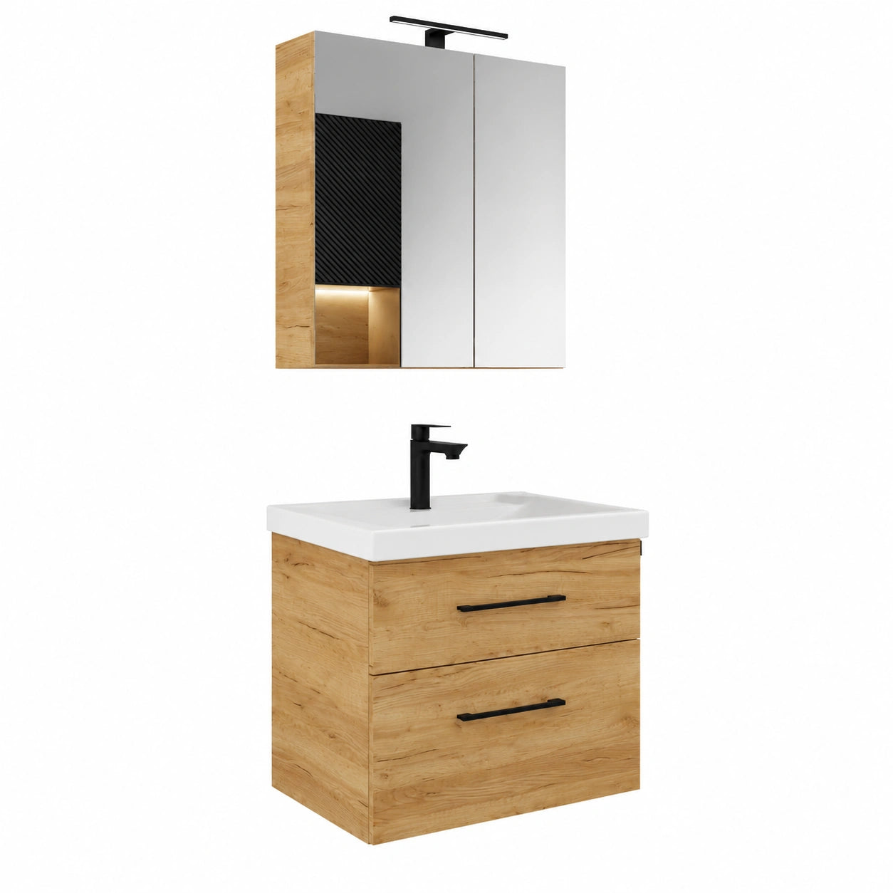 Waschtisch – 63 × 60 × 36,5 cm, moderner Stil, mit LED-Beleuchtung, aus Eichenholz, Schwarz und Gold, für Badezimmer