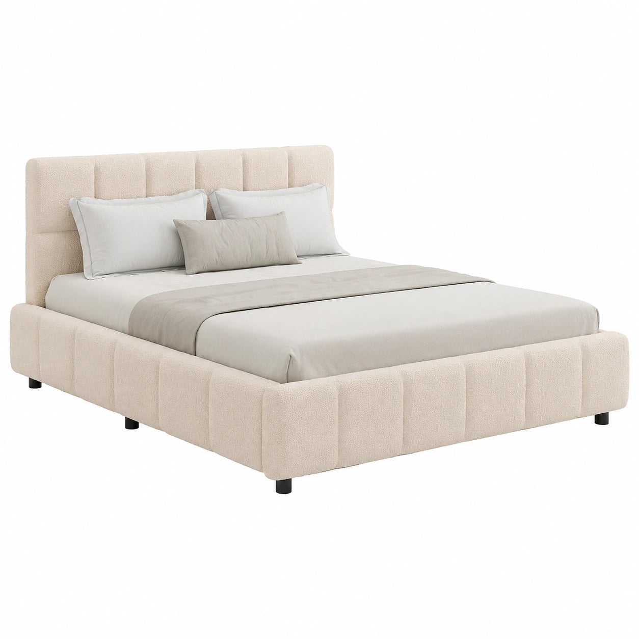 Polsterbett – 140 × 200 cm, moderner Stil, gepolstert, mit Lattenrost, aus Bouclé und Holz, Beige