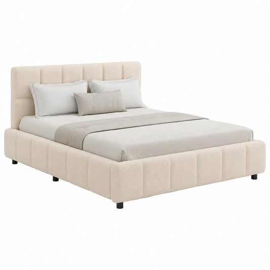 Polsterbett – 140 × 200 cm, moderner Stil, gepolstert, mit Lattenrost, aus Bouclé und Holz, Beige