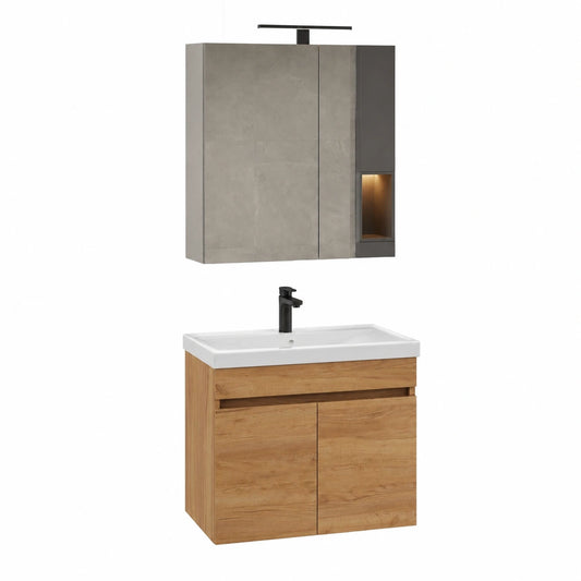 Unterschrank – 63 × 60 × 36,5 cm, moderner Stil, mit LED-Beleuchtung, aus Eichenholz, Schwarz und Gold