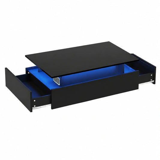 Tisch – 70 × 70 × 41 cm, moderner Stil, mit LED-Beleuchtung, mit Schubladen, Schwarz